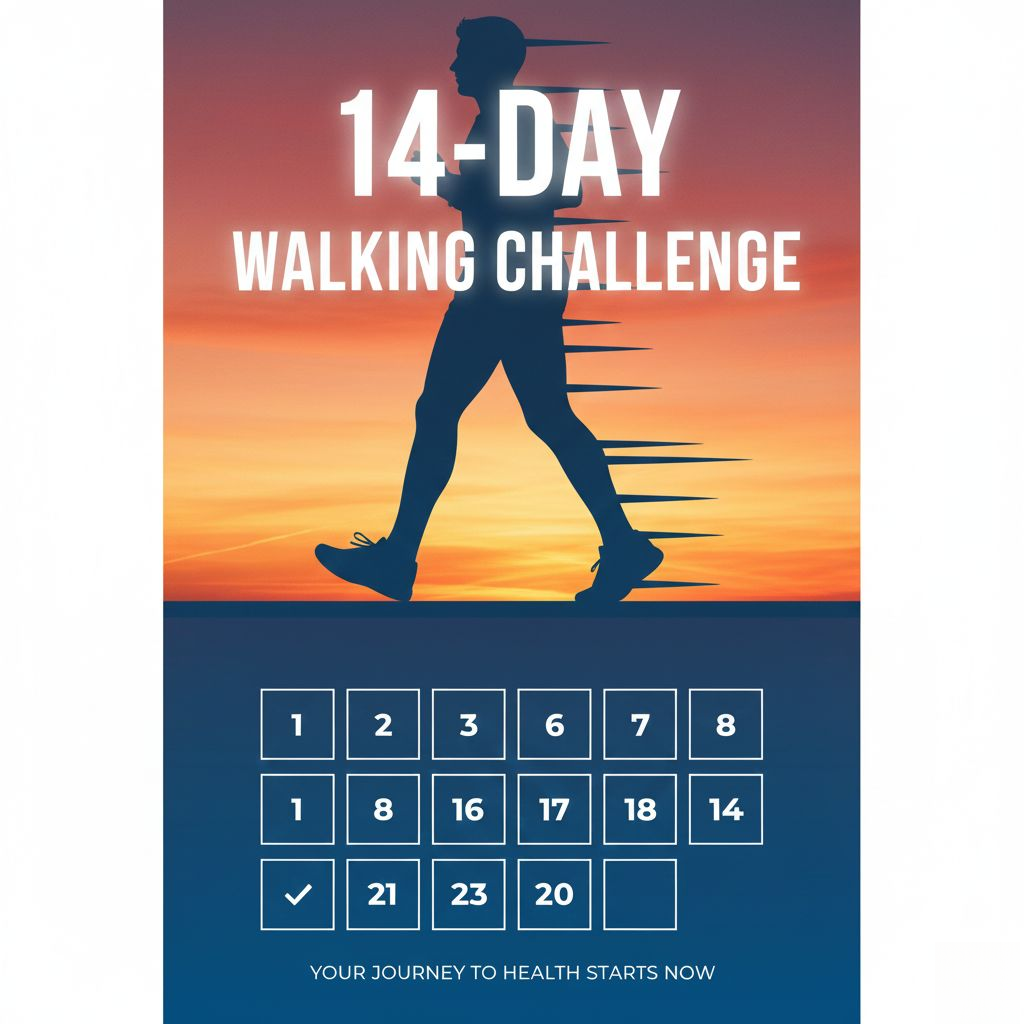 14-Day Walking Challenge poster with silhouette of a person walking and sunset design.