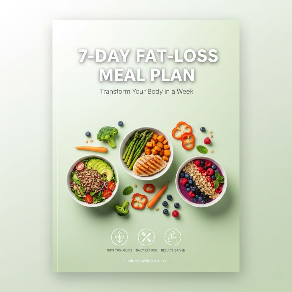 7-Day Fat-Loss Meal Plan cover with bowls of food on a light green background