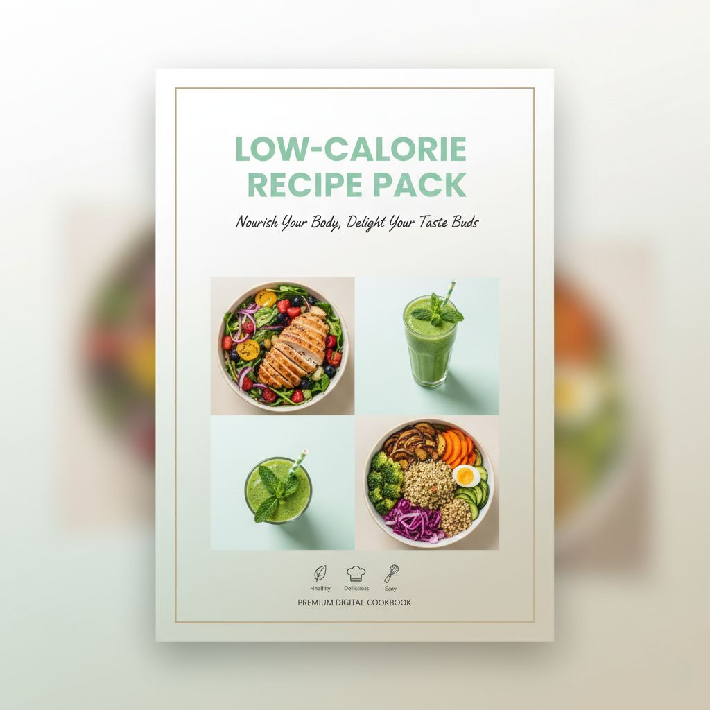 Low-calorie recipe pack with images of healthy food on a white background