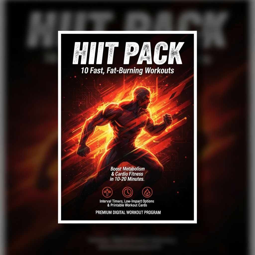 HIIT Pack workout program cover with a muscular figure and fiery design on a dark background.