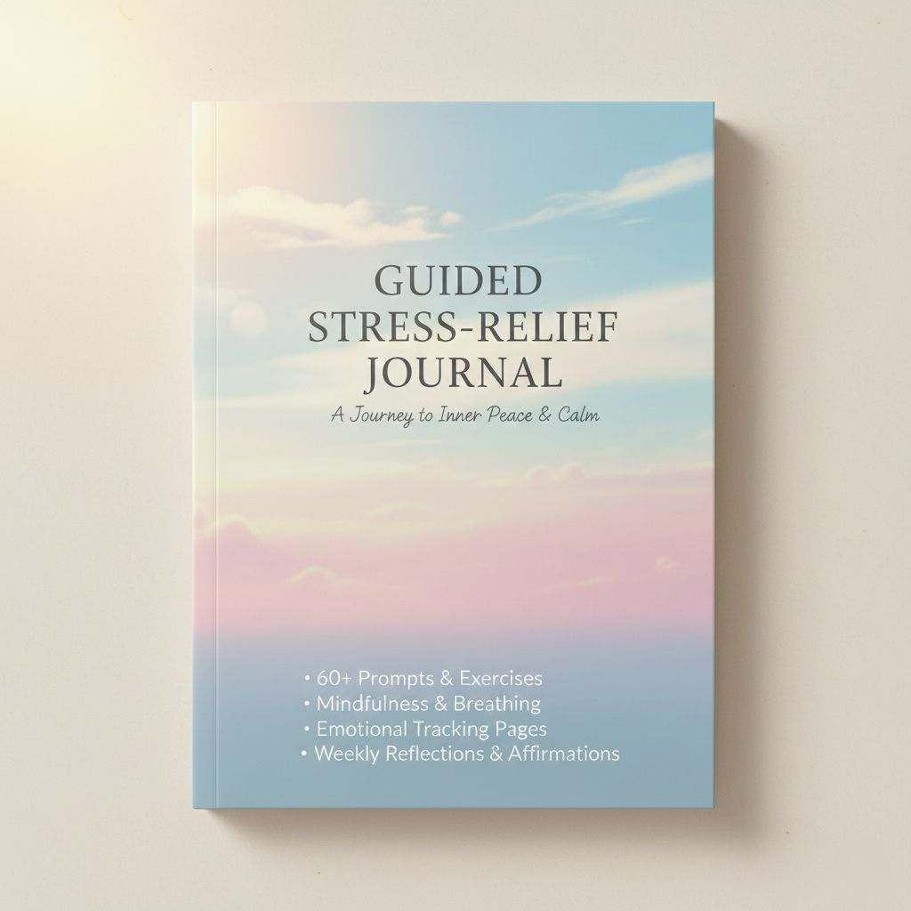 Guided stress-relief journal with a pastel sky design on a beige background