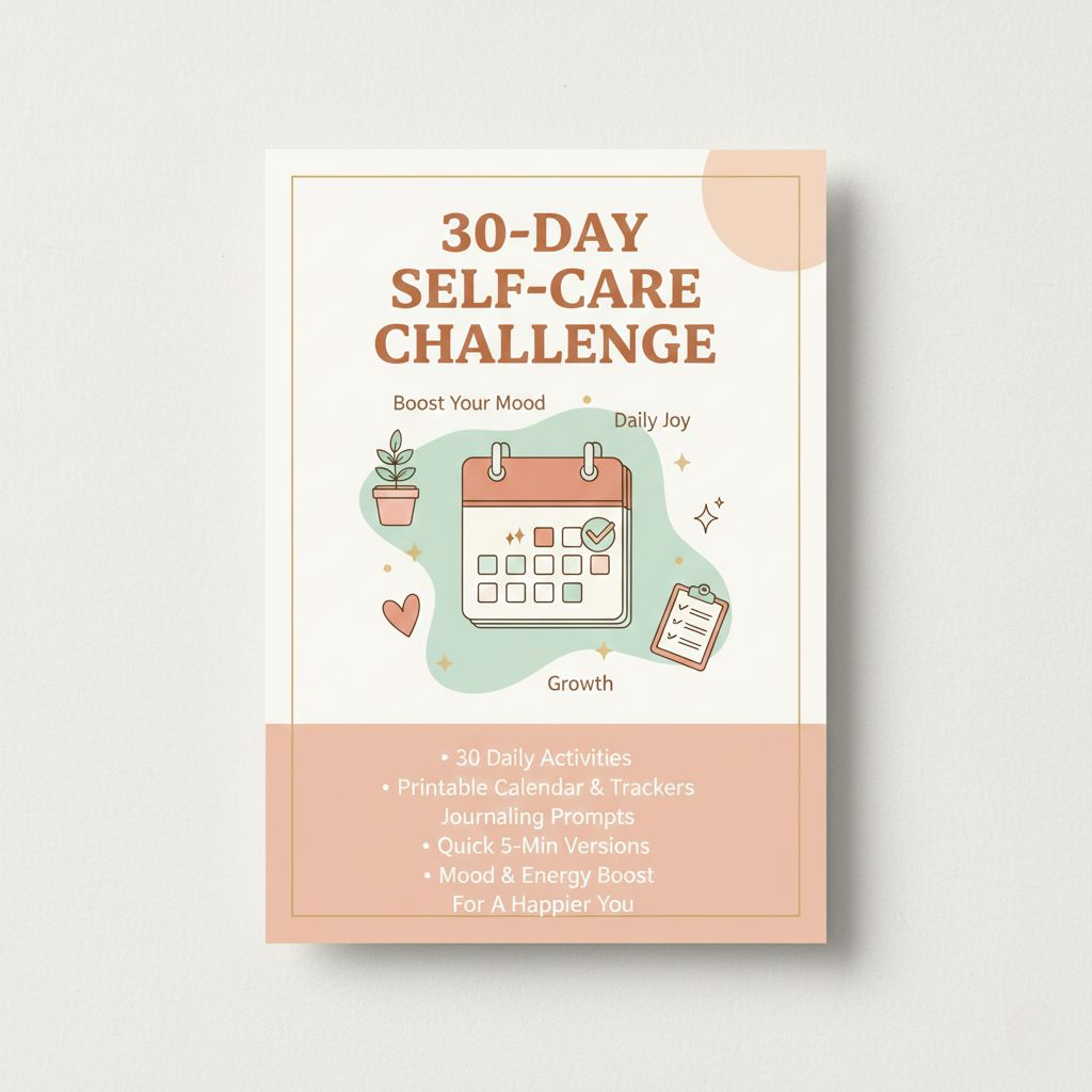 30-Day Self-Care Challenge book with calendar illustration on a light gray background