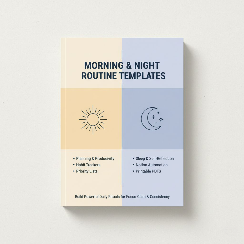 Book titled 'Morning & Night Routine Templates' with sun and moon icons on a light background