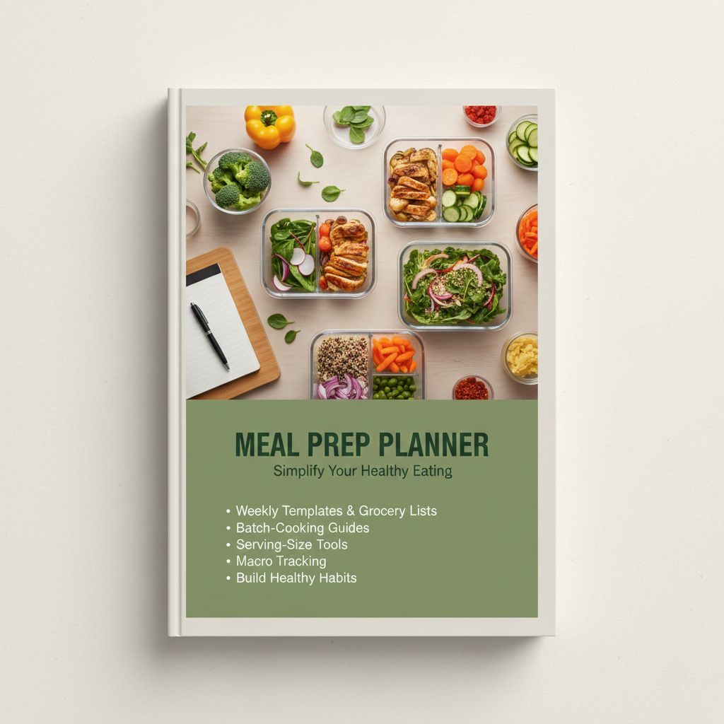 Meal Prep Planner book cover with images of prepped meals and ingredients on a light background