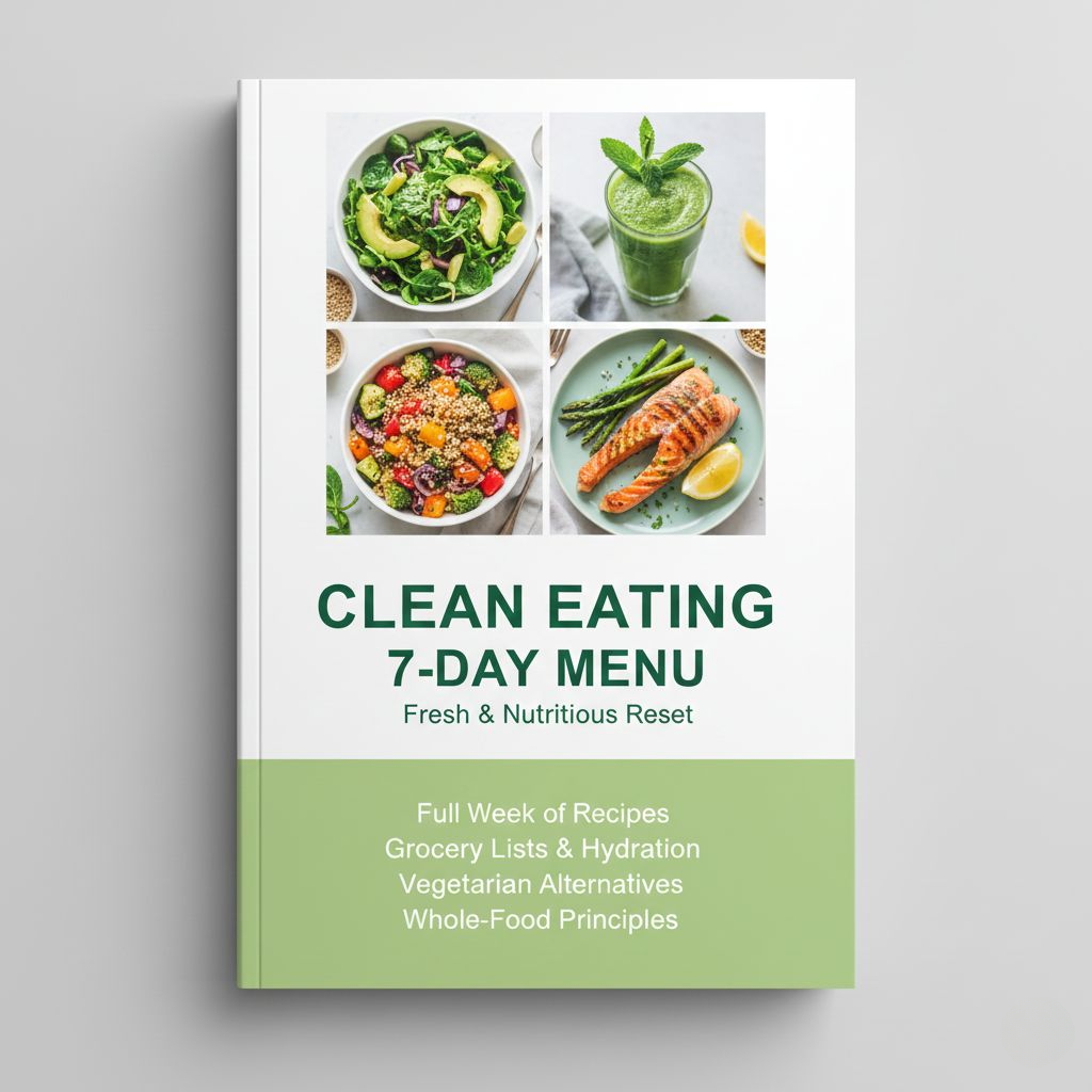 Book cover of 'Clean Eating 7-Day Menu' on a gray background
