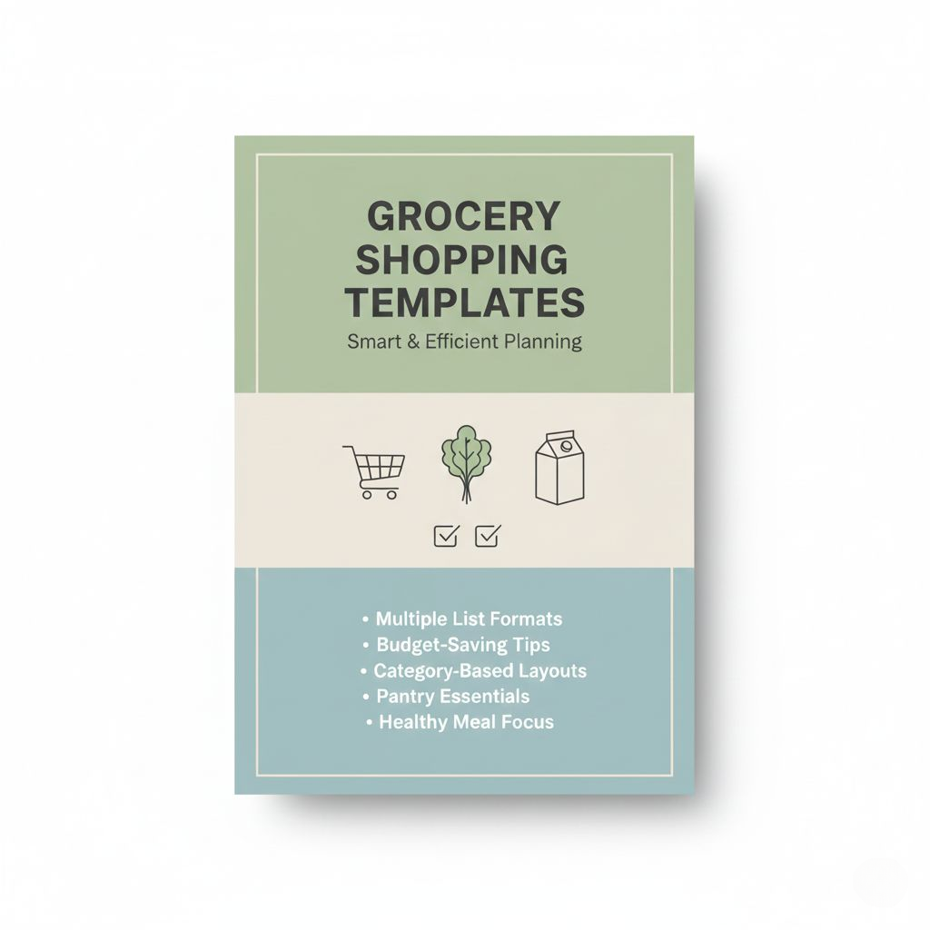 Grocery shopping templates book with icons and text on a white background