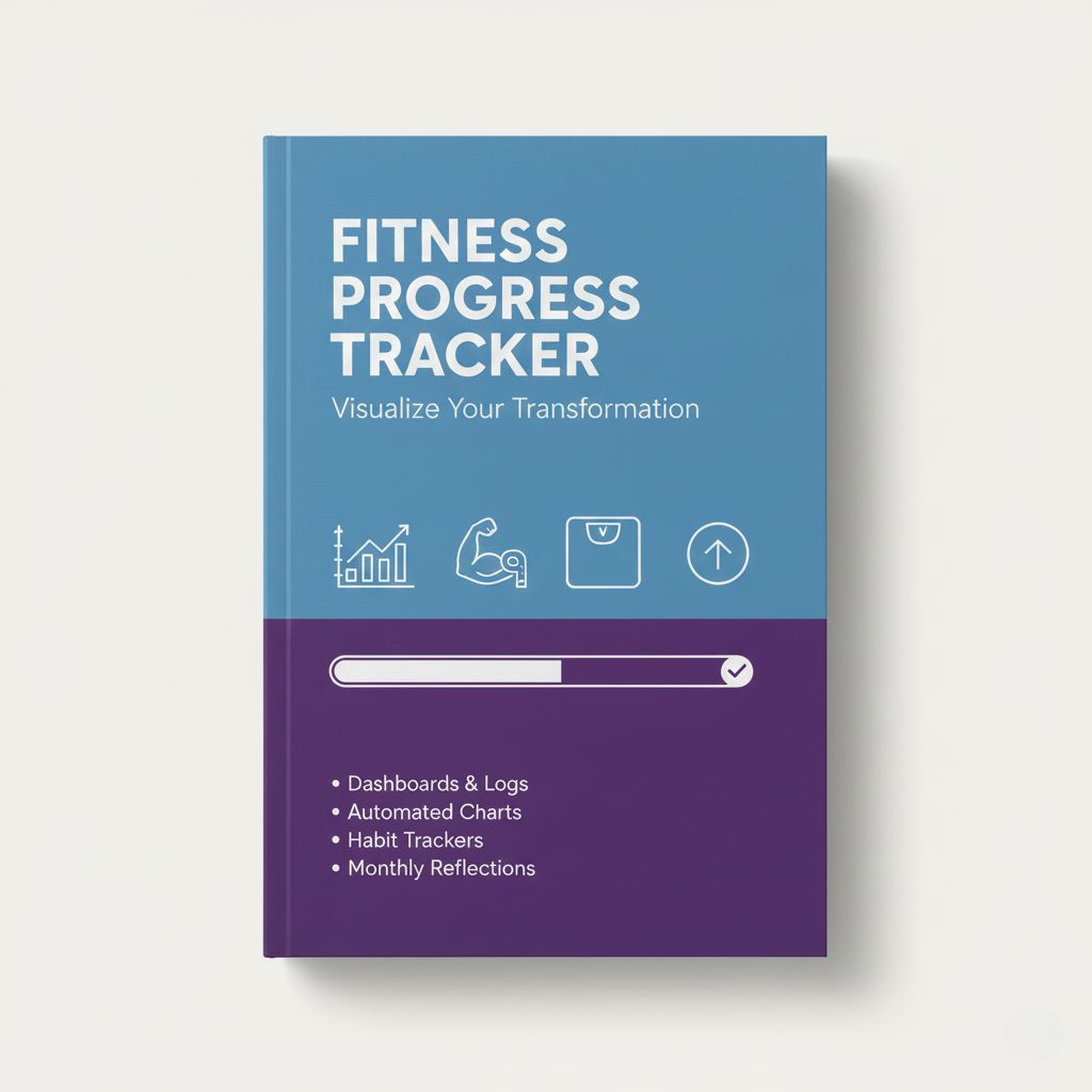 Fitness progress tracker book with blue and purple design on a white background