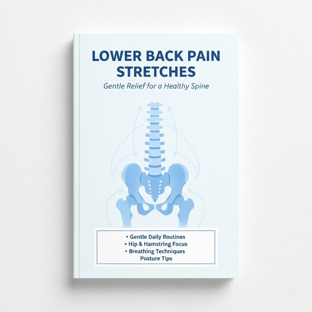 Book cover titled 'Lower Back Pain Stretches' with a spine illustration on a white background