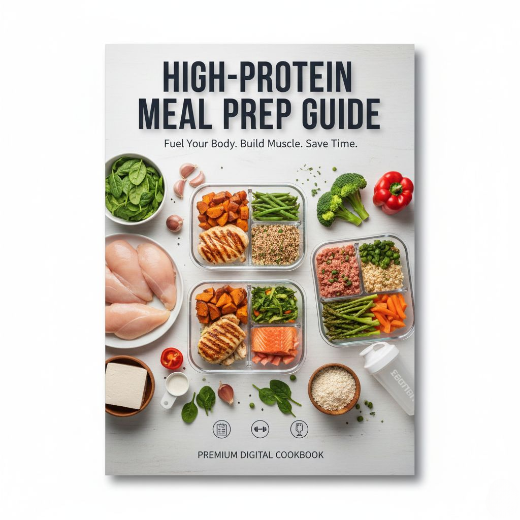 Book cover of 'High-Protein Meal Prep Guide' with images of food containers and ingredients.