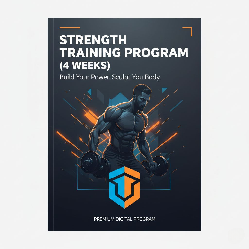 Strength training program cover with a muscular man lifting weights on a dark background