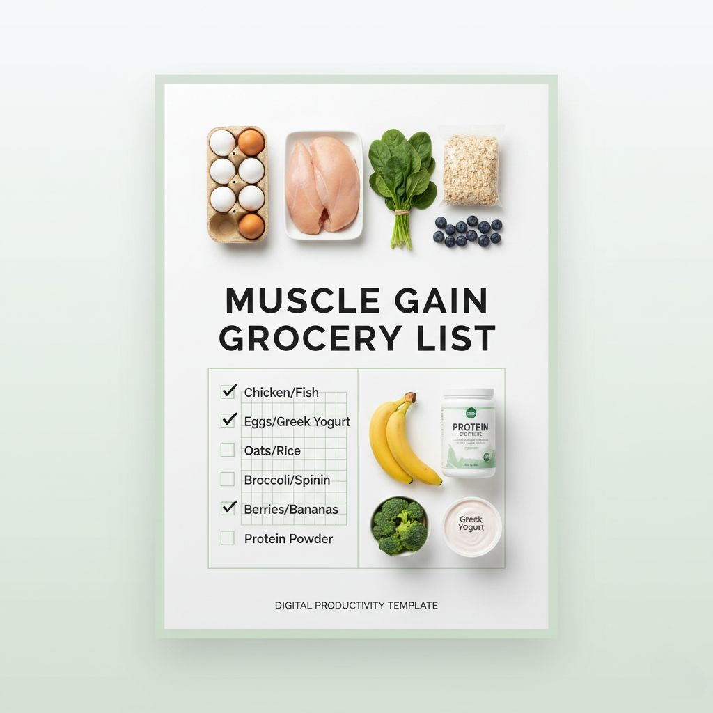 Muscle gain grocery list with images of food items on a white background
