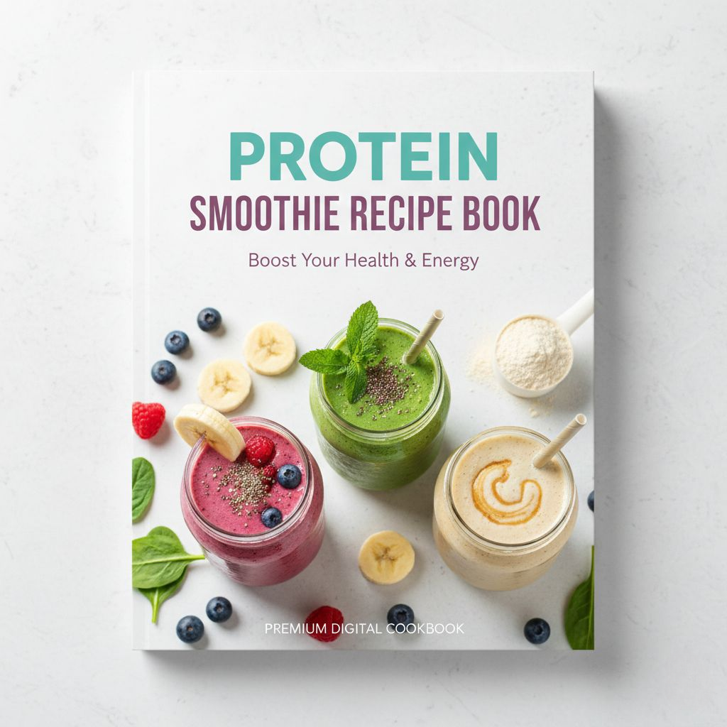Protein smoothie recipe book cover with images of smoothies and ingredients on a white background