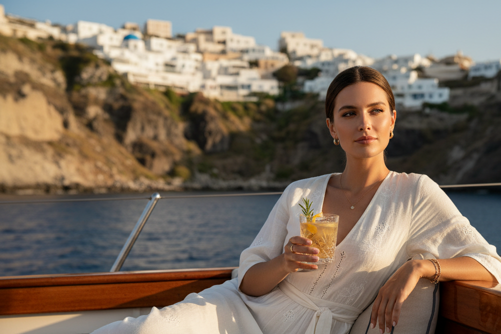 Woman in a white dress holding a drink on a boat with a scenic Aegean view.